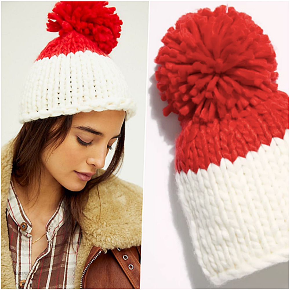 Free People Red Chunky Knit Pom Beanie NWOT